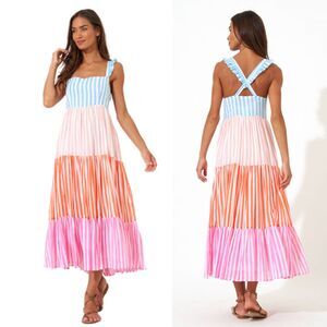 Oliphant NEW Ruffle Sleeve Cross Back Striped Midi Dress in Nassau Pink Size XXS